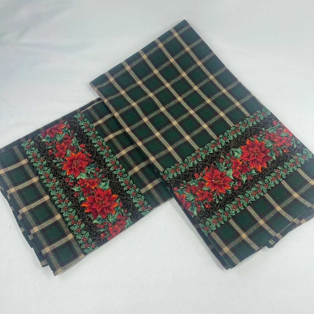Indo Set of 2 Christmas Plaid Kitchen Towels Poinsettia Floral Green Red Gold